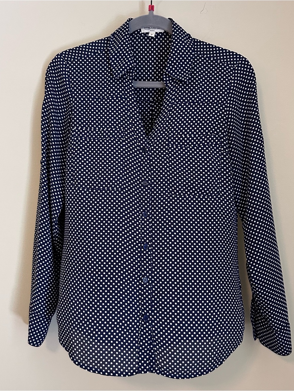 Express Portofino Blue Polka Dot Button-Up Blouse Small Slim Fit